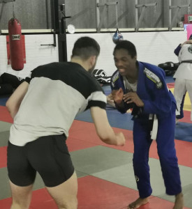 An image of two BJJ fighters training.